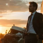 a powerful image of a confident lawyer standing beside a distressed truck at the scene of an accident, with a somber yet determined expression, illuminated by the golden light of the setting sun, capturing the essence of experienced legal support in challenging times.