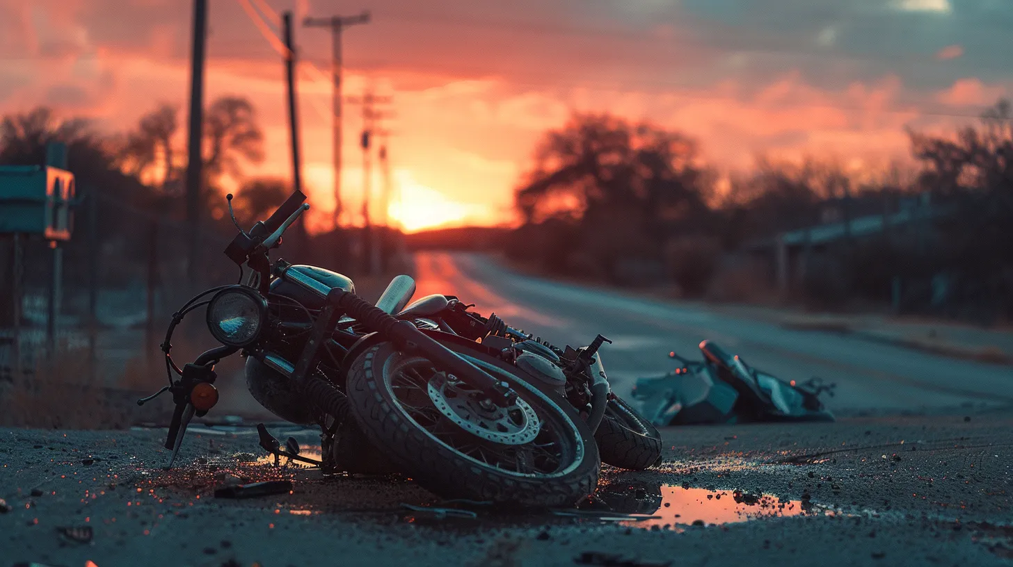 a powerful portrayal of a motorcycle accident scene under dramatic twilight lighting, highlighting the stark contrast between a damaged motorcycle and the resilience of the surrounding san antonio landscape, symbolizing the challenges of navigating liability and injury claims.