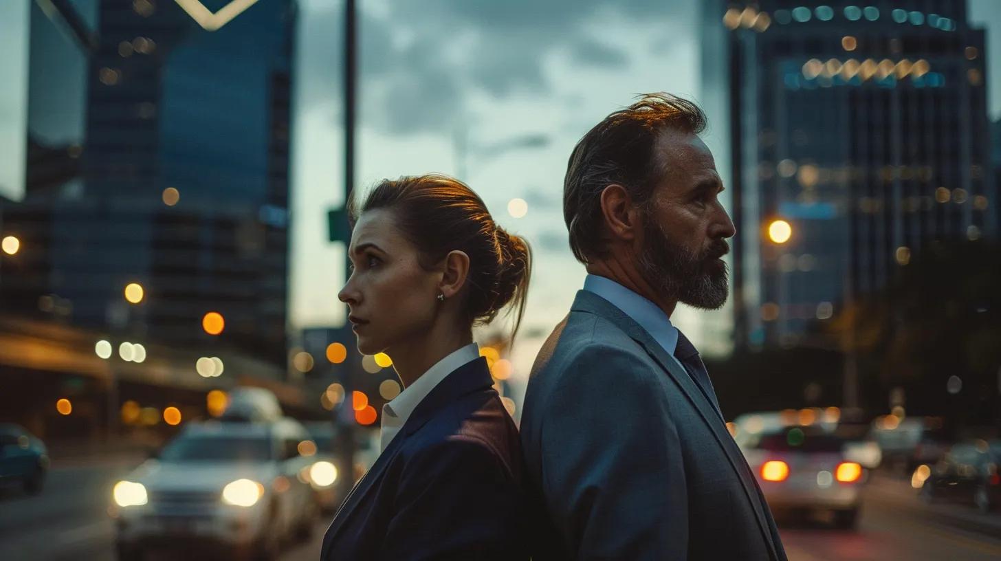 a powerful, somber scene showcasing an austin auto accident attorney confidently standing beside a distressed client, illuminated by soft, natural light amidst a busy city backdrop, symbolizing support and advocacy in challenging times.