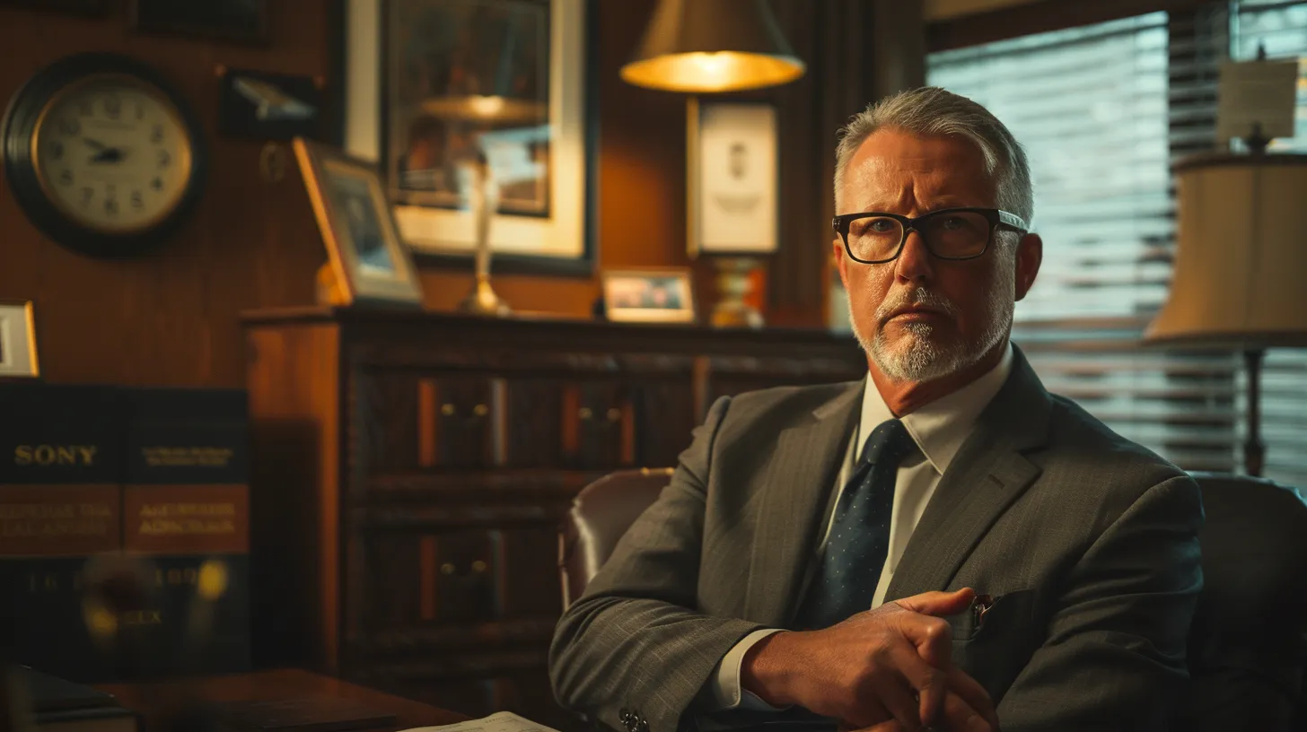 a powerful visualization of a confident truck accident attorney passionately discussing legal victories with clients, set against a backdrop of a bustling law office filled with award plaques and legal books, illuminated by warm, natural light.