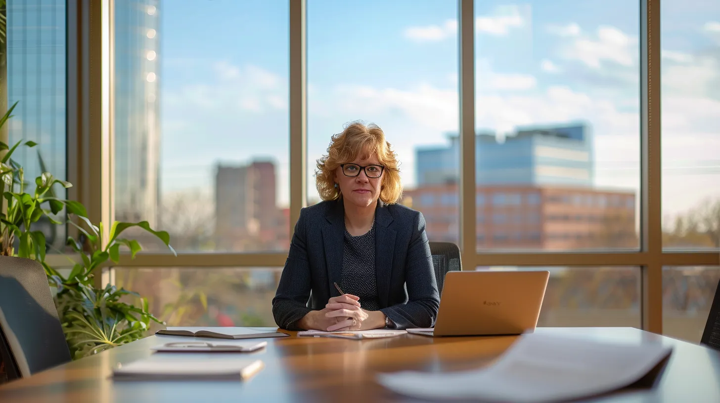 a professional attorney sits at a sleek conference table, engaged in dialogue with a client, radiating confidence and warmth, with legal documents and a laptop illuminated by soft, natural light filtering through large windows, symbolizing transparency and accessibility in communication.