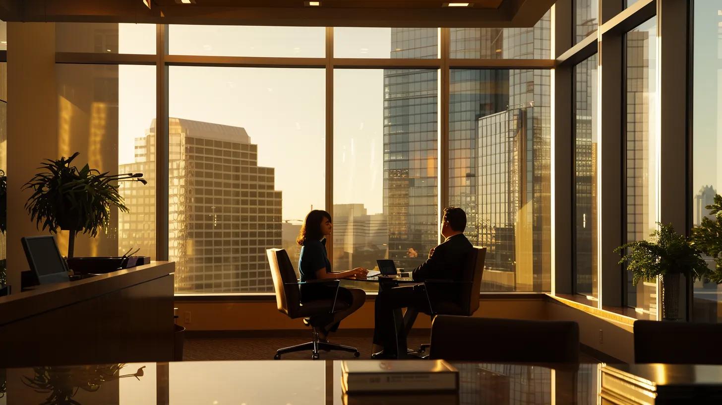 a professional personal injury lawyer confidently discusses legal strategies with a client in a modern austin office, illuminated by warm natural light filtering through large windows, creating an atmosphere of trust and clarity.