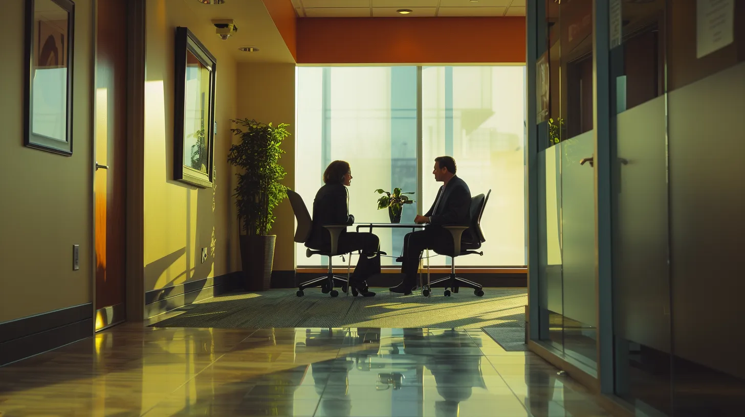 a serene office setting features a poised client engaged in a focused consultation with a personal injury lawyer, surrounded by ambient lighting that casts soft shadows, symbolizing the importance of mutual understanding and legal strategy in navigating complex cases.