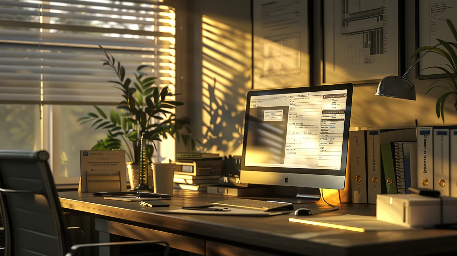 a serene scene of a modern office workspace with a computer displaying an online insurance claim form, surrounded by neatly organized documents and a notepad, illuminated by soft natural light streaming through a nearby window.