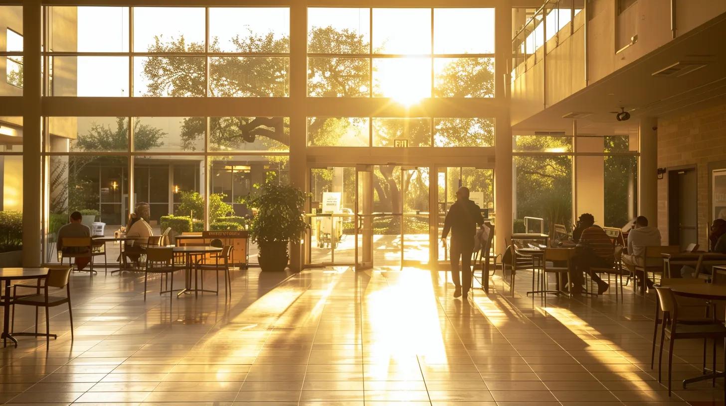 a serene, sunlit community center in austin, bustling with individuals engaged in supportive conversations and resource-sharing, symbolizing hope and recovery for personal injury victims.