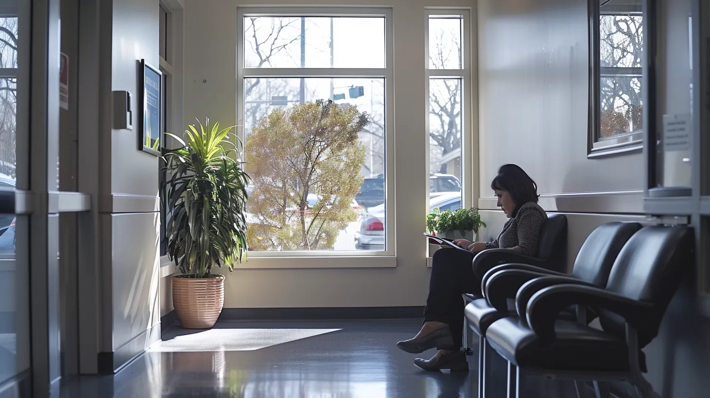 a serene waiting room bathed in soft, natural light, featuring a concerned individual seated with a medical report and a phone, symbolizing the importance of seeking medical attention after an accident, even in the absence of immediate symptoms.