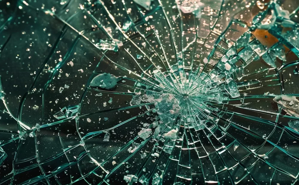 a shattered car windshield covered in cracks, surrounded by debris and pieces of broken glass.