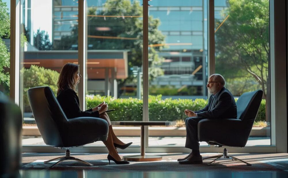 a sleek, modern law office in dallas with large glass windows, showcasing a confident attorney discussing a case with a client amidst an elegant, professional interior bathed in soft, warm lighting.