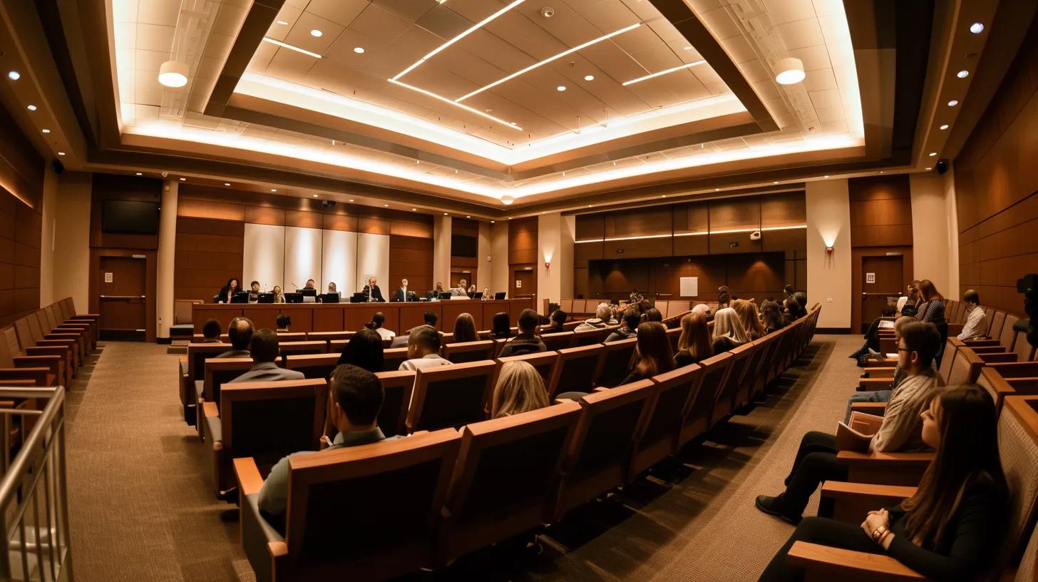 a solemn courtroom setting with a personal injury lawyer confidently presenting a case, illuminated by soft overhead lighting that highlights the emotional gravity of the moment, as family members listen intently in the background.