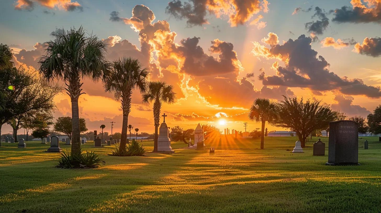 a solemn sunset casts a golden hue over a quiet cemetery in corpus christi, symbolizing the poignant impact of wrongful death claims on families seeking justice and closure.