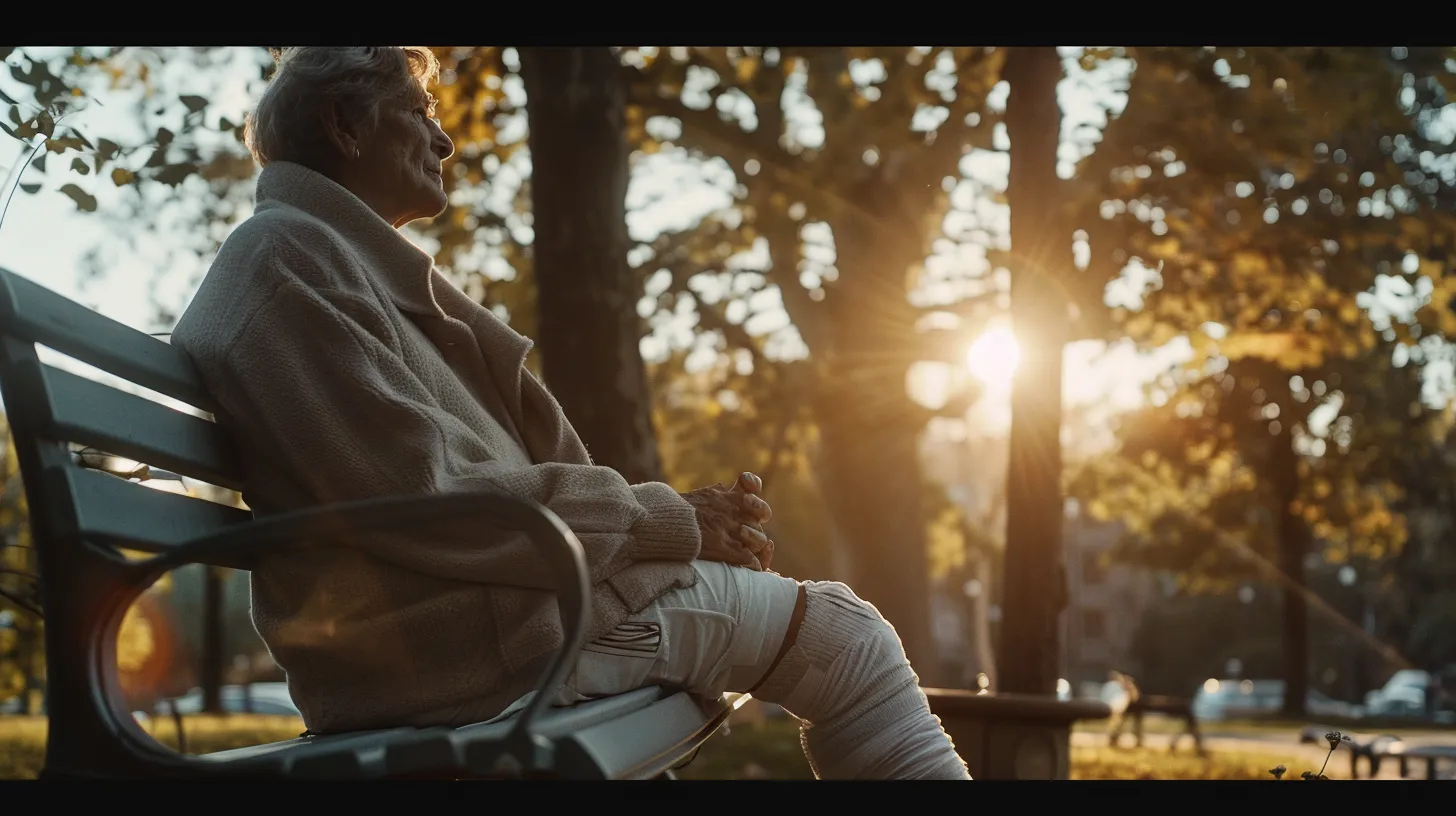 a somber but hopeful scene captures a slip and fall victim sitting on a park bench, with a bandaged ankle and a thoughtful expression, as sunlight filters through the trees, symbolizing the journey toward healing and seeking justice.