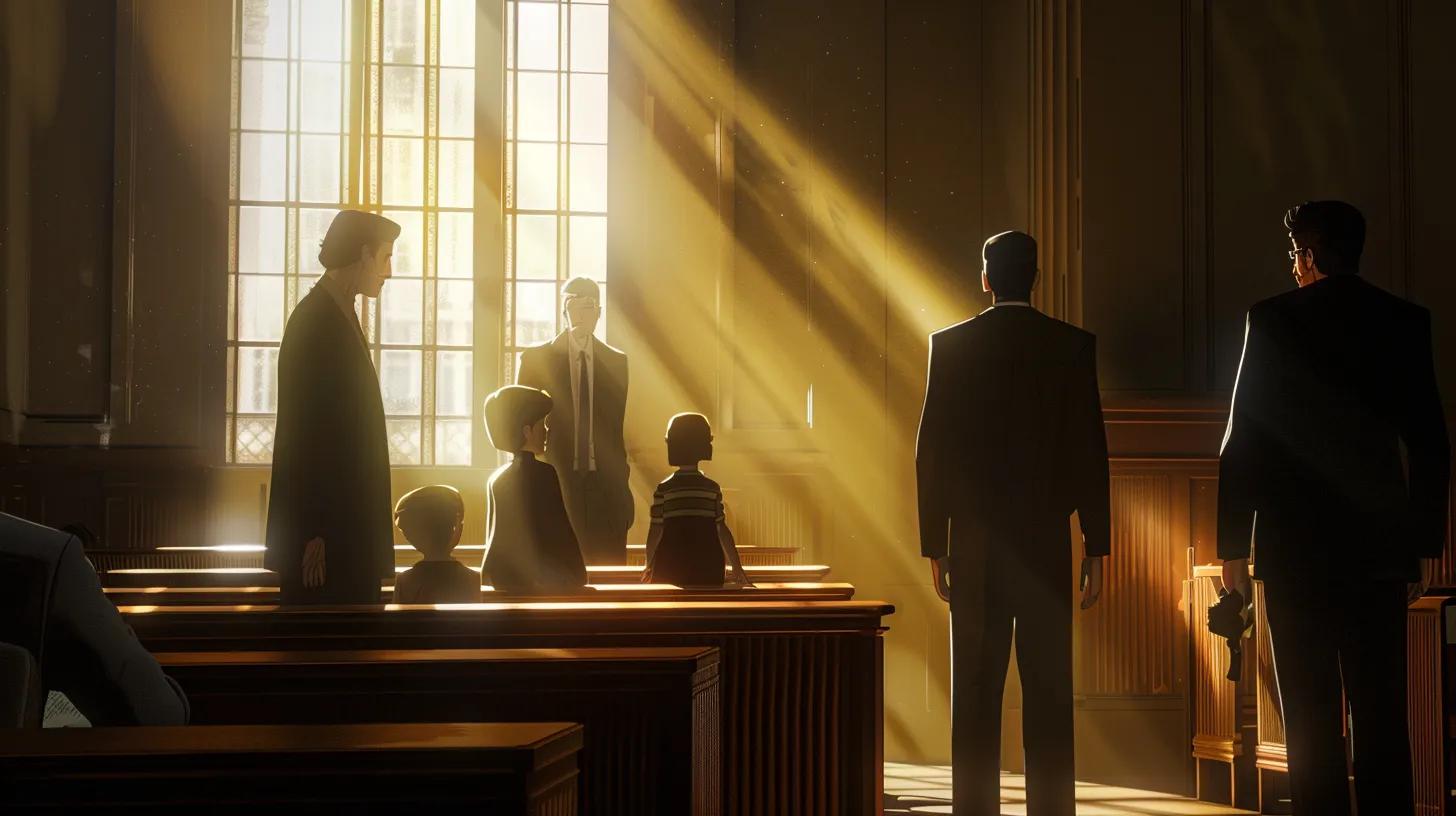 a somber courtroom scene, illuminated by soft, dramatic lighting, depicts a grieving family surrounded by legal documents and a focused attorney, conveying the gravity of wrongful death claims and the pursuit of justice.