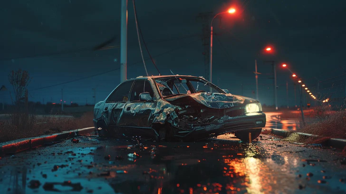 a somber, dramatic scene depicting a damaged car along the side of a road, with a backdrop of reflective emergency lights, symbolizing the emotional turmoil and financial struggles faced by accident victims.