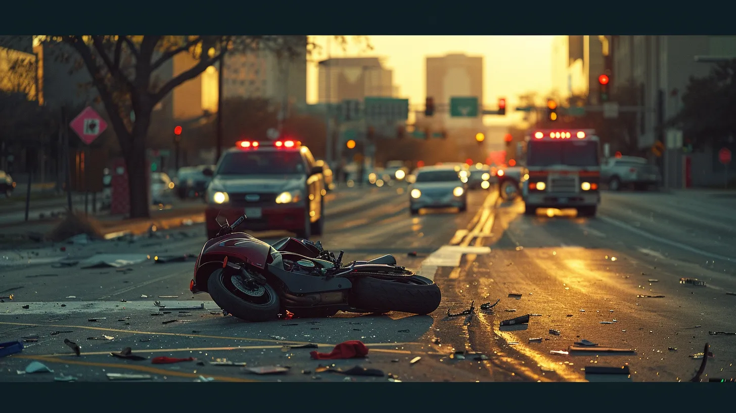 a somber motorcycle accident scene in dallas at dusk, with a damaged motorcycle resting on the pavement surrounded by emergency vehicles, highlighting the urgency and gravity of legal and insurance matters in the aftermath.