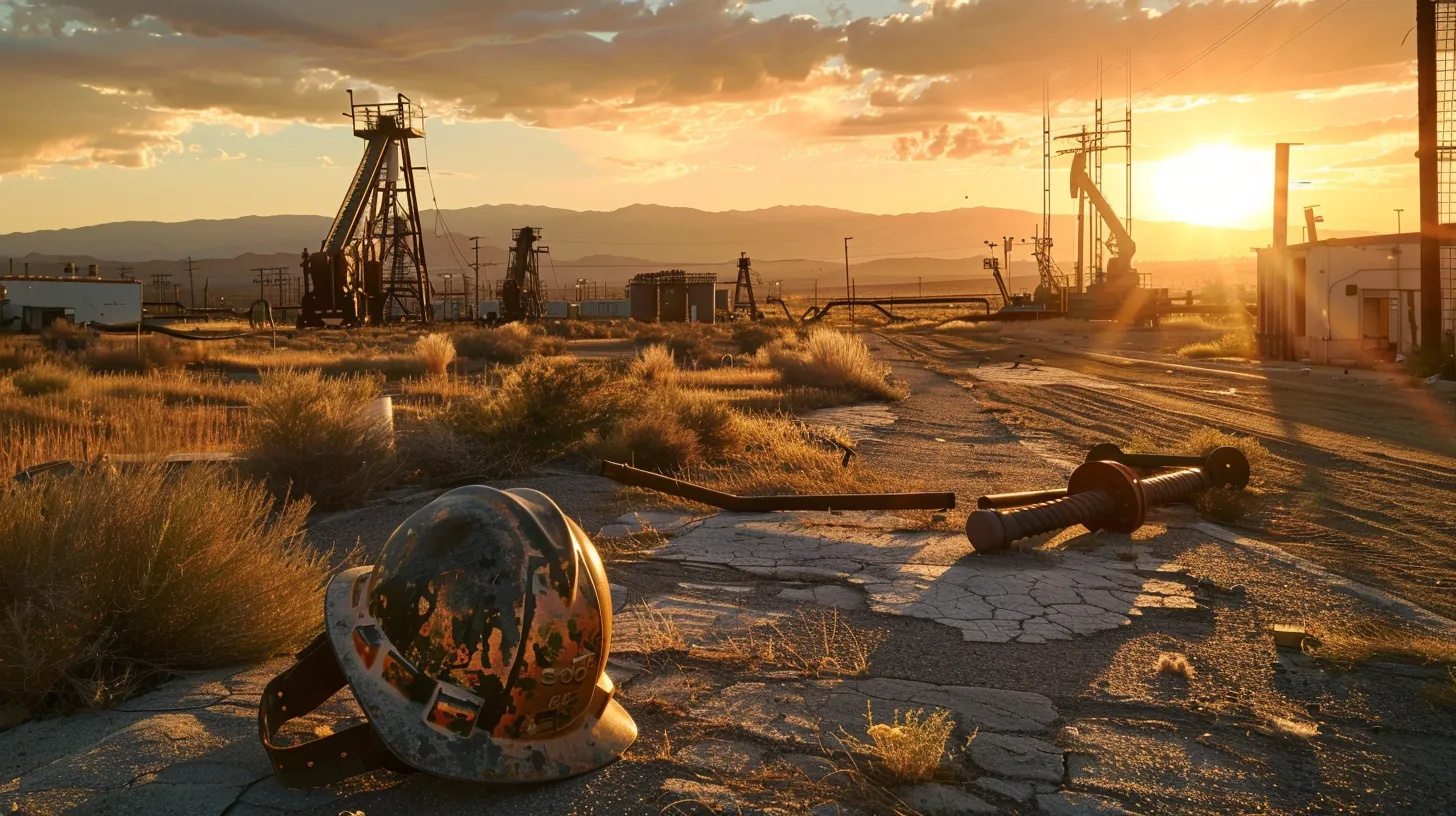 a somber oilfield landscape, illuminated by the golden glow of a setting sun, features a lone helmet resting on the ground amidst scattered safety equipment, symbolizing the gravity of industrial accidents and the urgent need for workers' rights awareness.