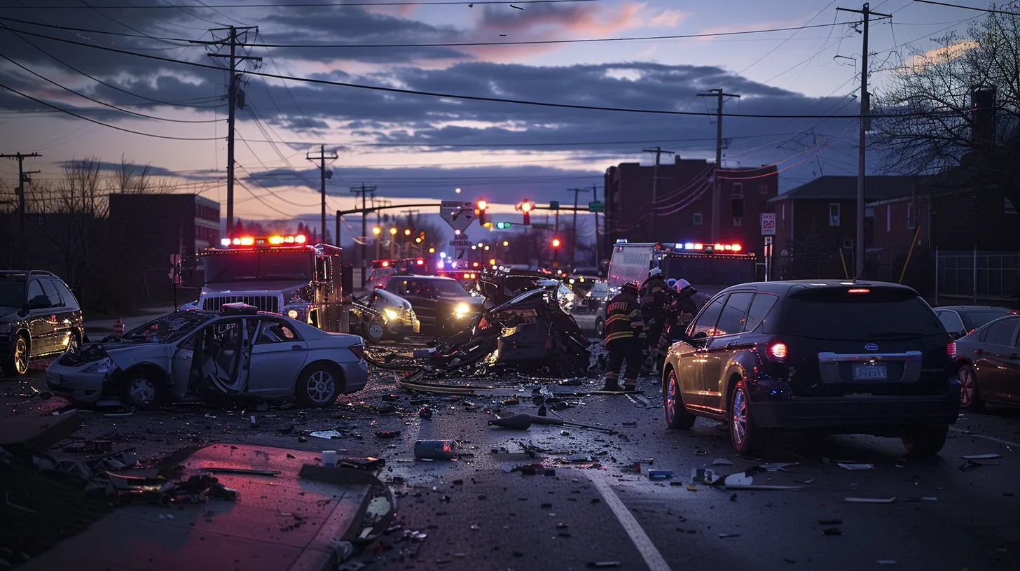 a somber, post-accident scene unfolds at dusk, illuminated by flashing emergency lights, capturing the chaos of crumpled vehicles and gathered witnesses, emphasizing the critical exchange of information to build a compelling case.