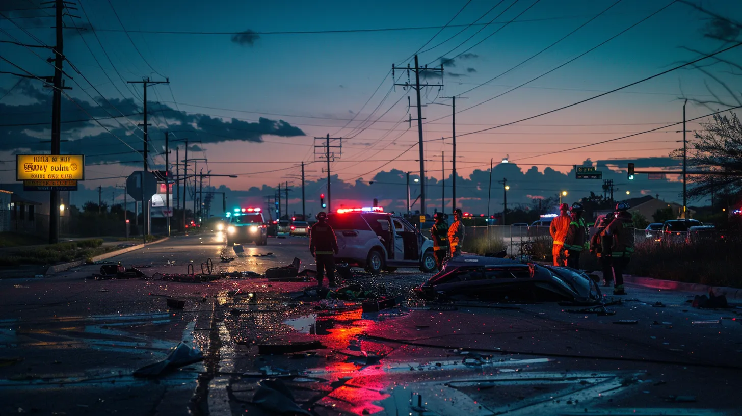 a somber urban scene depicts a car crash site in laredo, with emergency responders in the background, capturing the poignant aftermath of the incident while emphasizing the profound impact on victims' lives and the pursuit of justice.