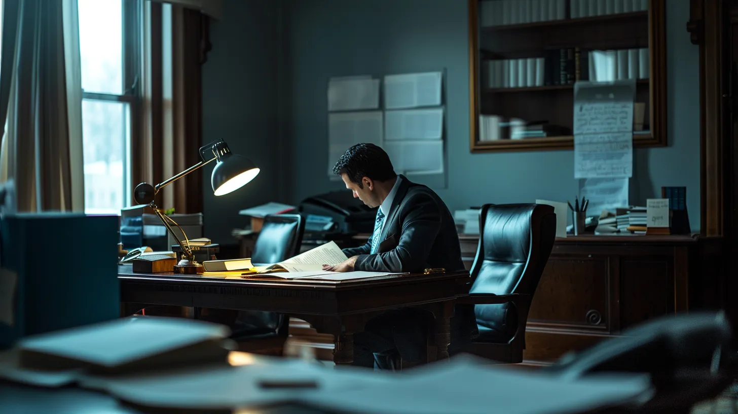 a somber yet empowering scene of a dimly lit law office, featuring a focused individual reviewing important legal documents related to a car accident case, symbolizing the pursuit of justice and clarity amid uncertainty.