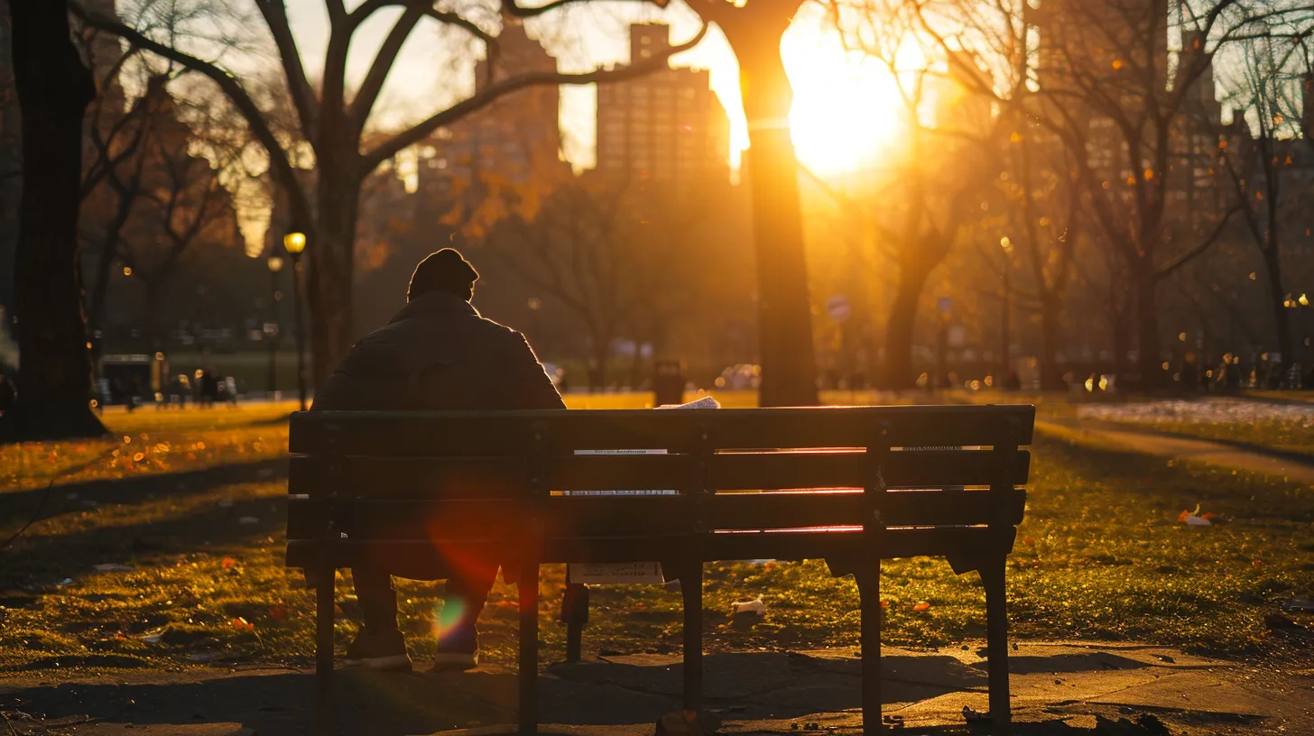 a somber yet hopeful scene capturing a man sitting alone on a park bench, gazing thoughtfully at medical documentation and expense receipts spread before him, under the warm glow of a setting sun that symbolizes the journey towards recovery and justice.