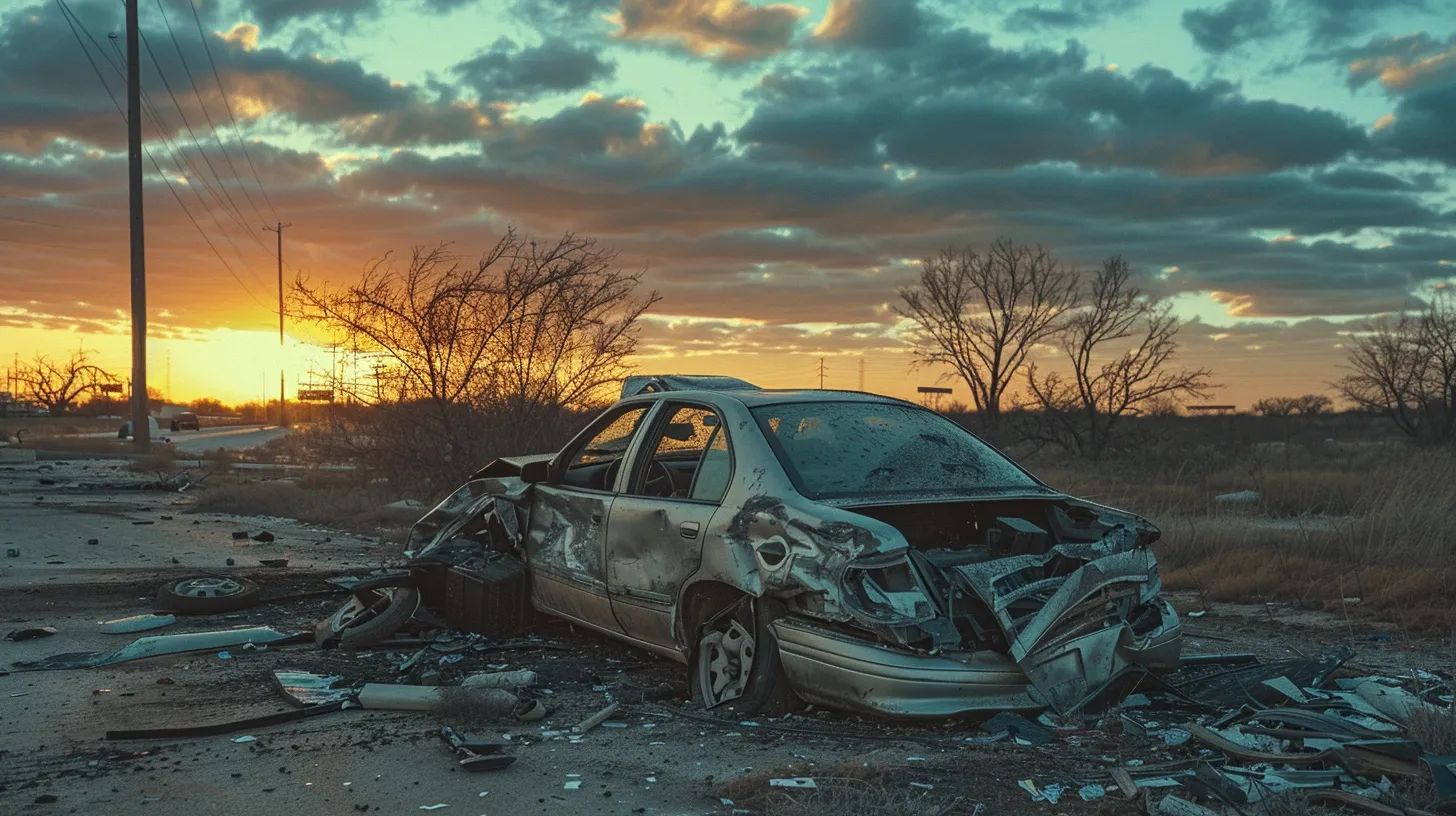 a somber yet hopeful scene depicting a damaged vehicle under a soft, golden sunset, symbolizing the complexities and struggles of seeking justice and compensation after an auto accident in san antonio.