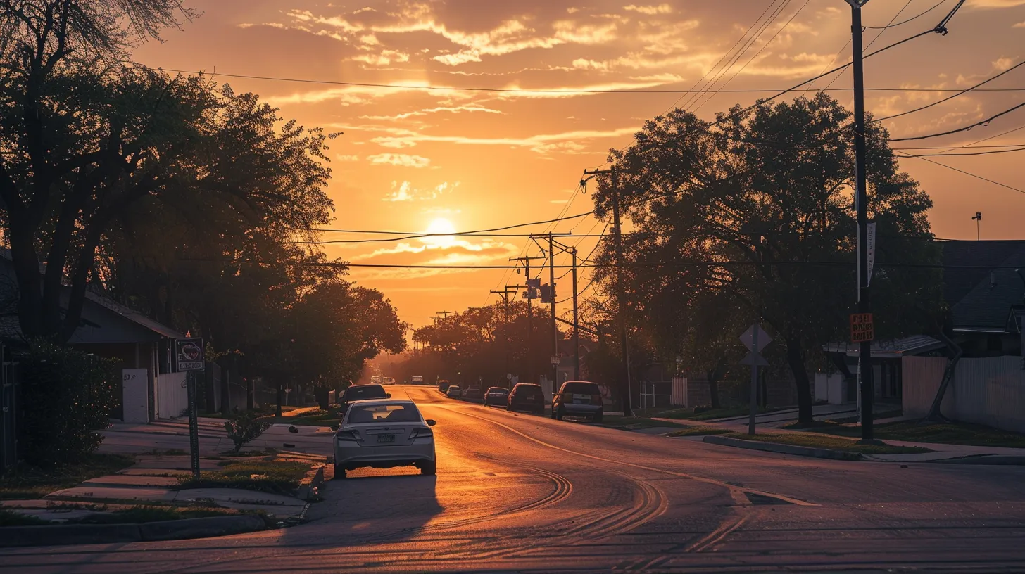 a somber yet hopeful scene captures a mcallen street, where a solitary car rests amidst vibrant sunset hues, symbolizing the journey of healing and recovery for accident victims pursuing justice and compensation.