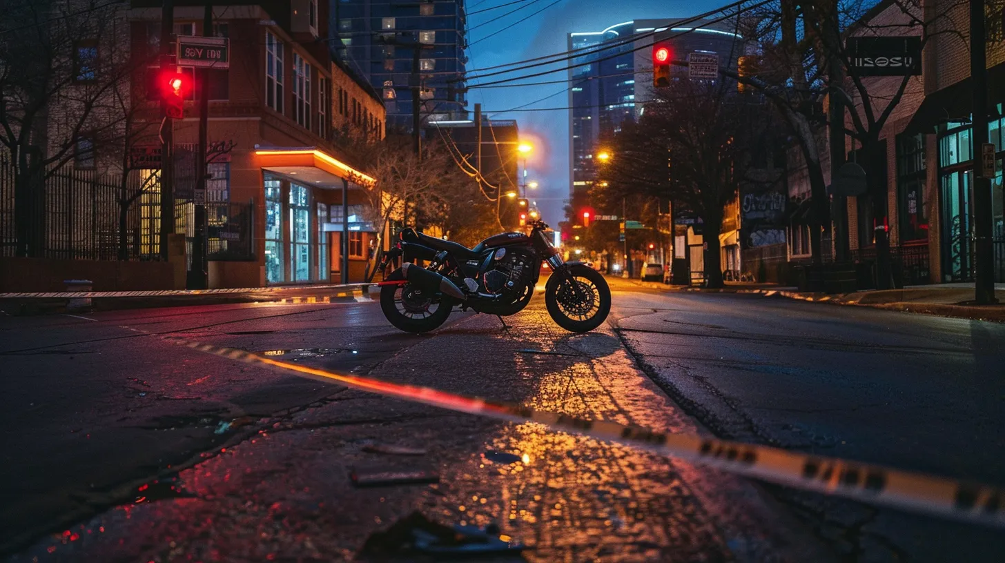 a somber yet powerful image of a lone motorcycle parked on a desolate urban street at dusk, illuminated by the fading light and surrounded by caution tape, symbolizing the stark realities of motorcycle fatalities in dallas.