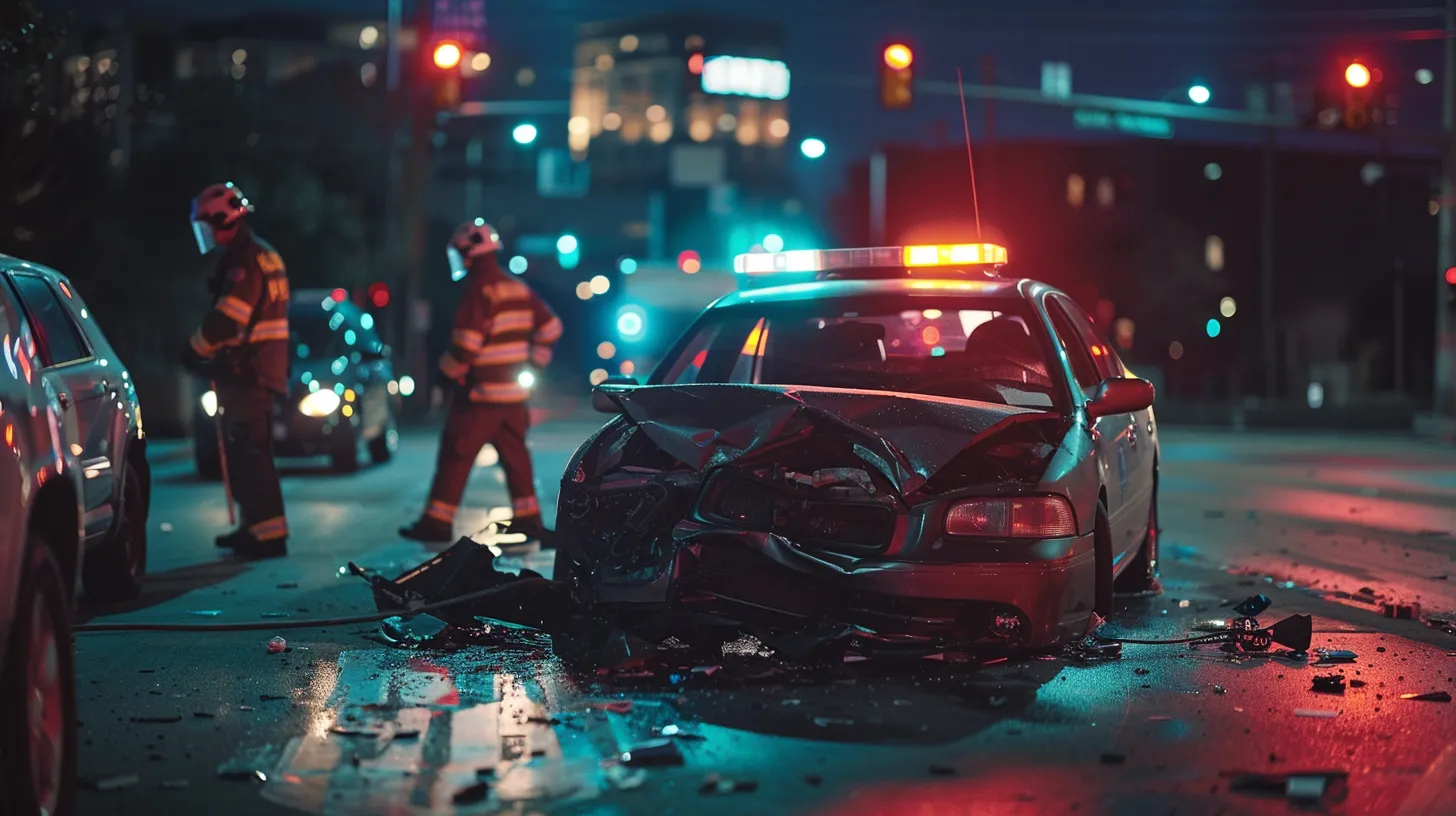 a somber yet powerful portrait showcasing a car accident scene in dallas, with a backdrop of paramedics attending to an injured individual, symbolizing the emotional and financial struggles faced by victims as they navigate the aftermath of their traumatic experience.