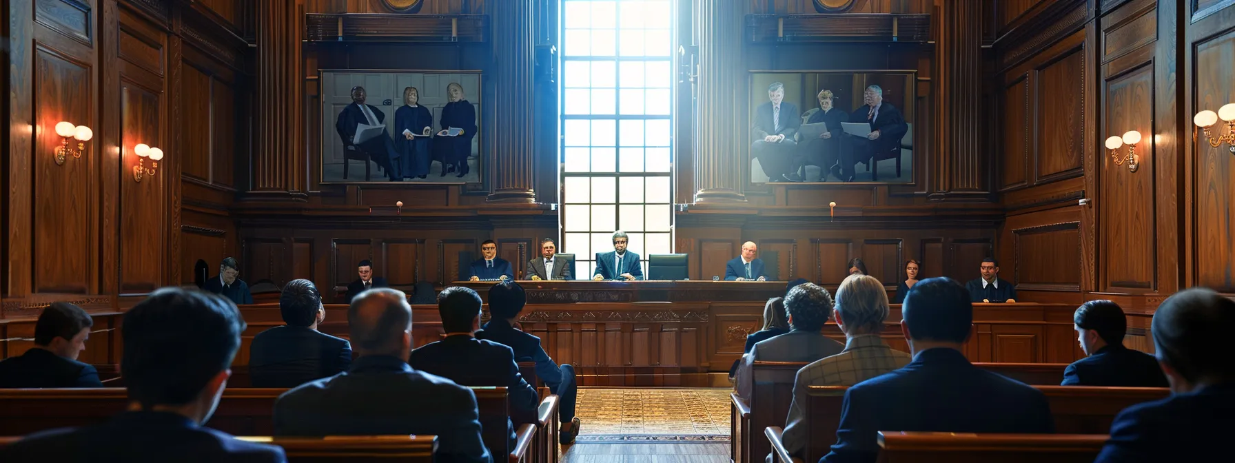 a tense courtroom scene with lawyers, judges, and truck accident experts, all focused on determining liability in a texas truck accident case.