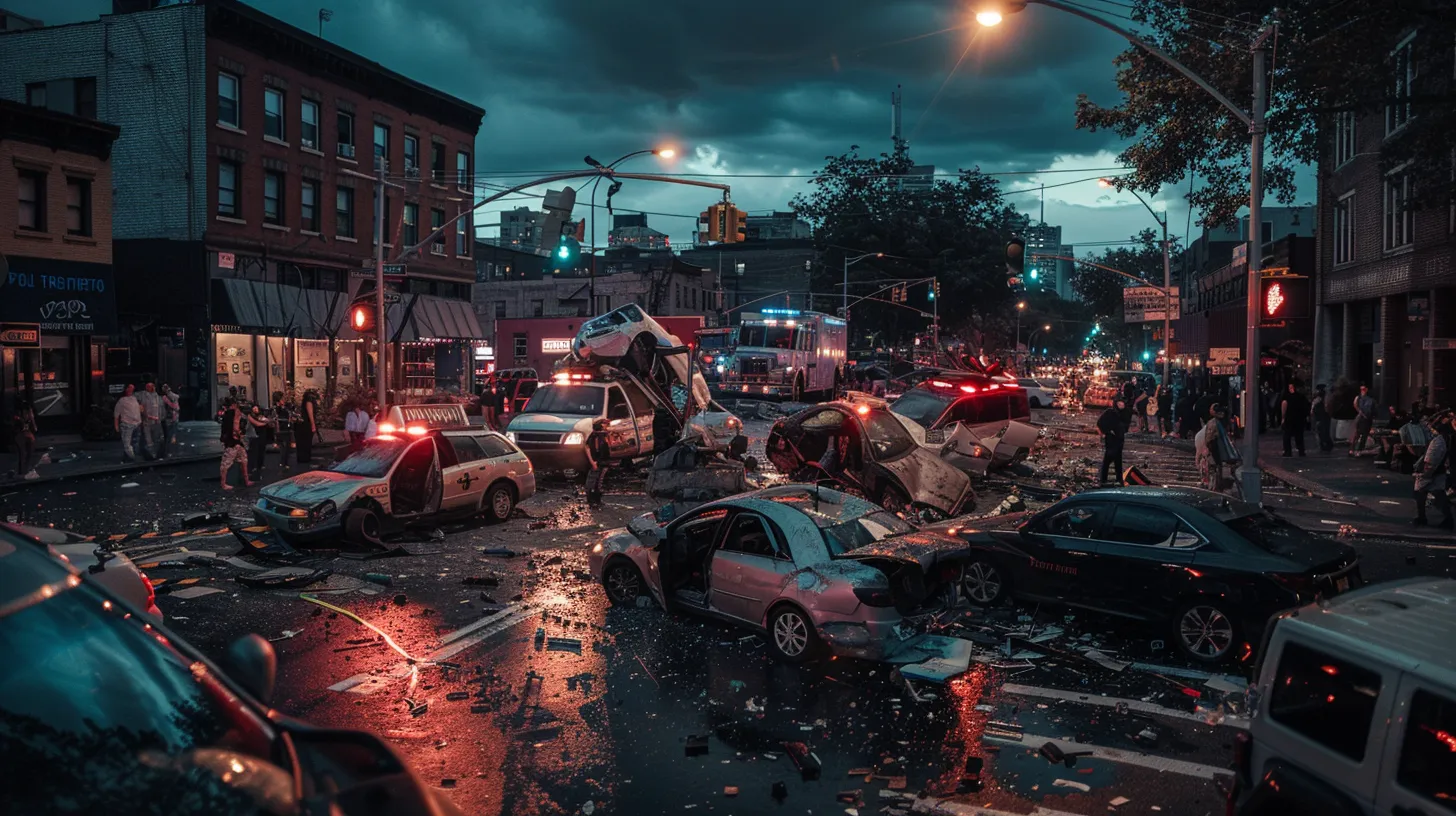 a tense, post-accident scene unfolds with crumpled vehicles on a busy urban street, surrounded by concerned bystanders and flashing emergency lights illuminating the chaos under a cloudy sky.