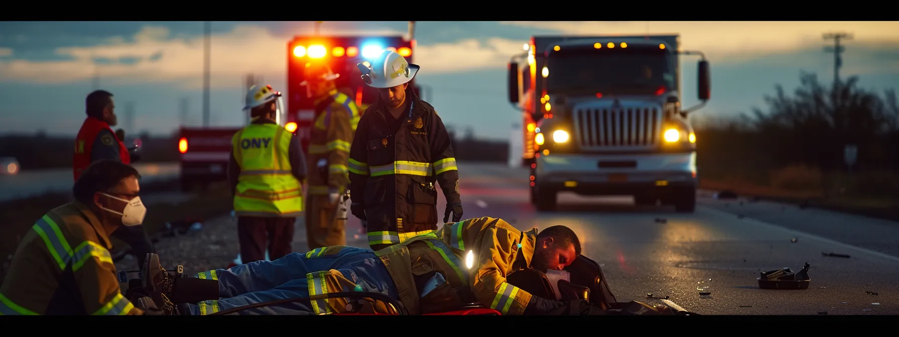 a truck accident victim receiving medical attention on a texas highway while emergency responders document the scene for legal purposes.