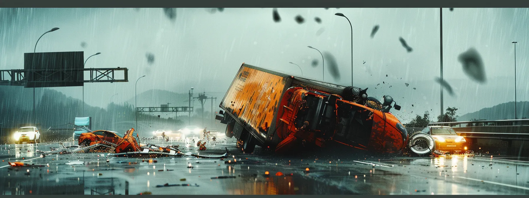 a truck overturned on a rain-soaked highway, revealing scattered cargo and a shattered windshield, illustrating the consequences of poor maintenance and hazardous weather conditions.