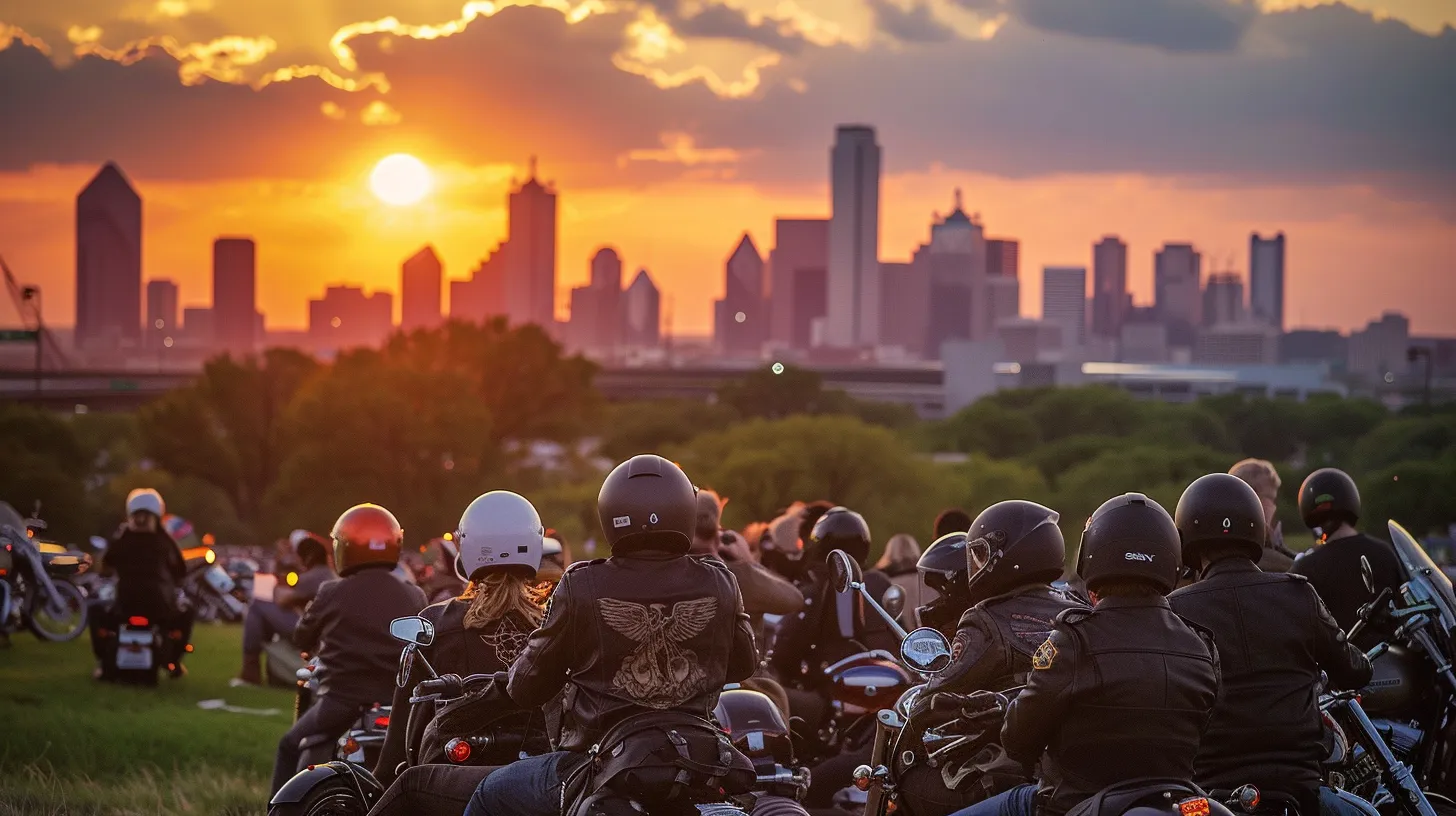 a vibrant group of motorcyclists gathers at a local community event, passionately discussing safety practices under the warm glow of sunset, with the skyline of dallas in the background.