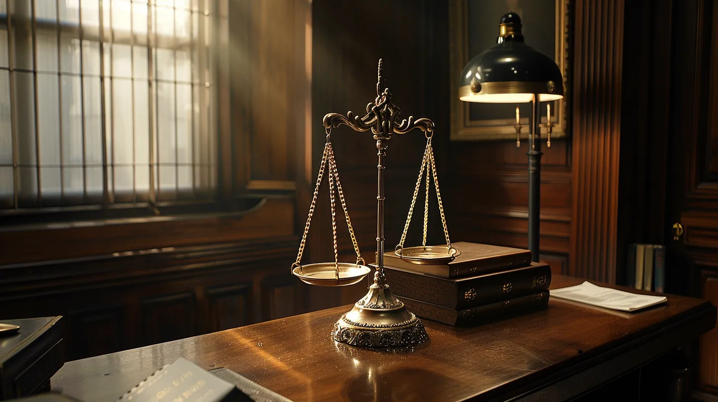 a visually striking representation of a balanced scale, symbolizing justice and transparency, set against a backdrop of legal documents and a courtroom, illuminated by soft natural light peeking through a window.