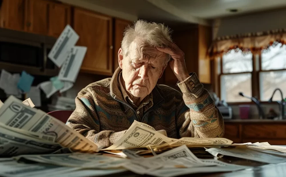 a worried man sitting at a kitchen table surrounded by medical bills and insurance papers.