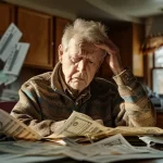 a worried man sitting at a kitchen table surrounded by medical bills and insurance papers.