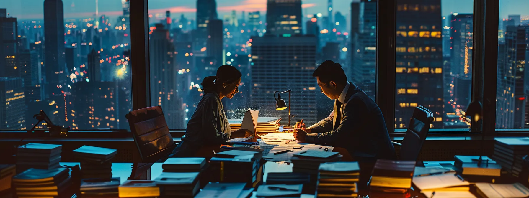 an attorney and a client reviewing a detailed settlement offer in a dimly lit office, surrounded by stacks of legal documents and a large city skyline visible through the window.