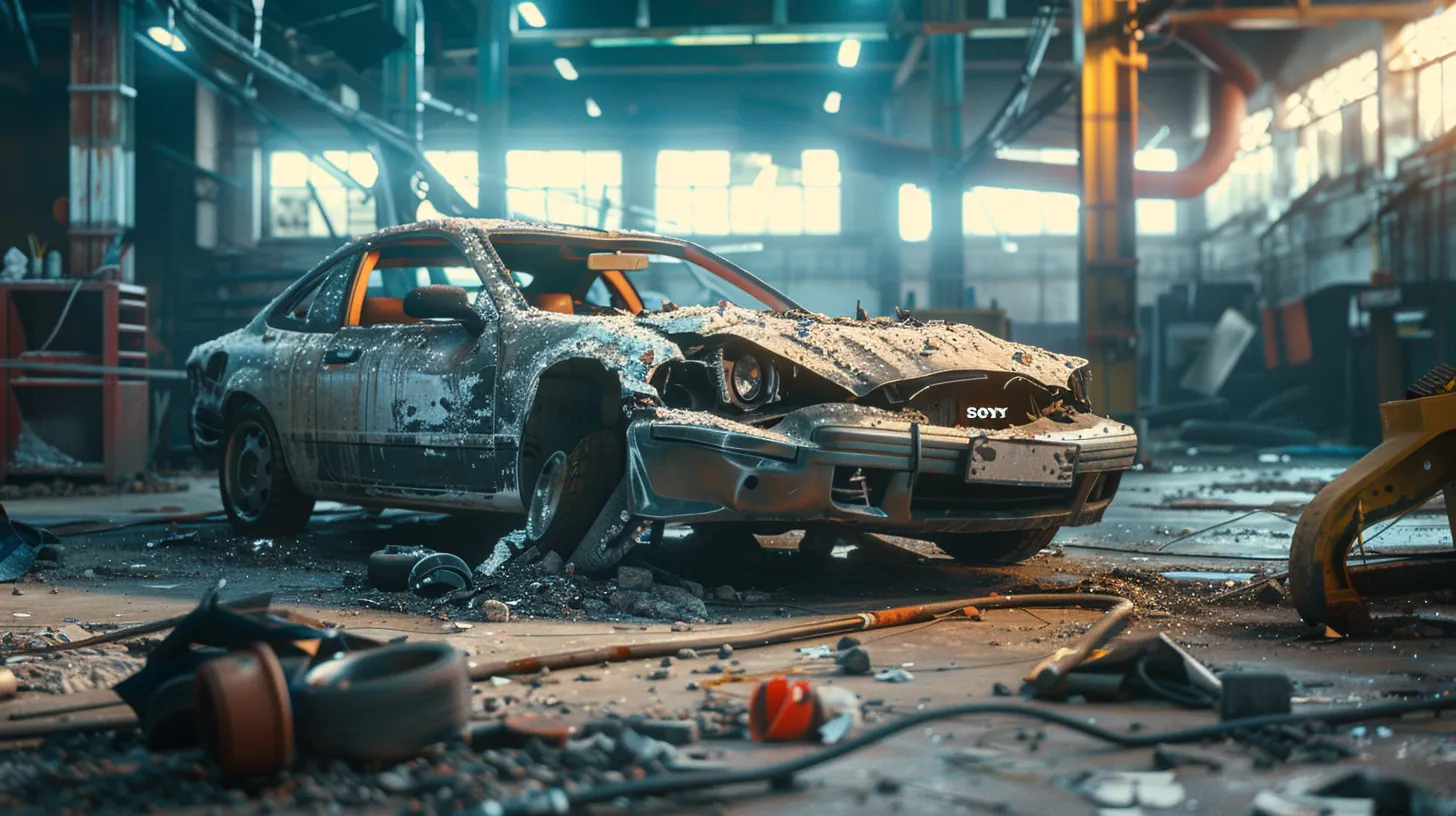 an impactful image capturing a damaged vehicle in a well-lit auto repair shop, with repair estimates and parts comparisons displayed prominently, symbolizing the journey of recovery for injured drivers following a wreck.