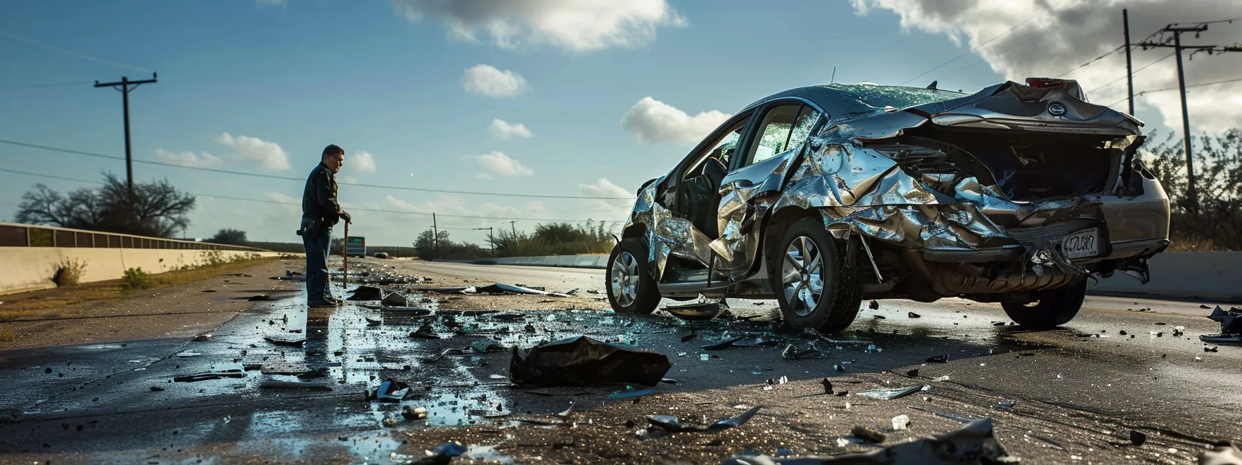 an insurance adjuster inspecting a damaged car on the side of a texas highway, with a focus on the intricate dents and shattered windows resulting from a multi-vehicle collision.