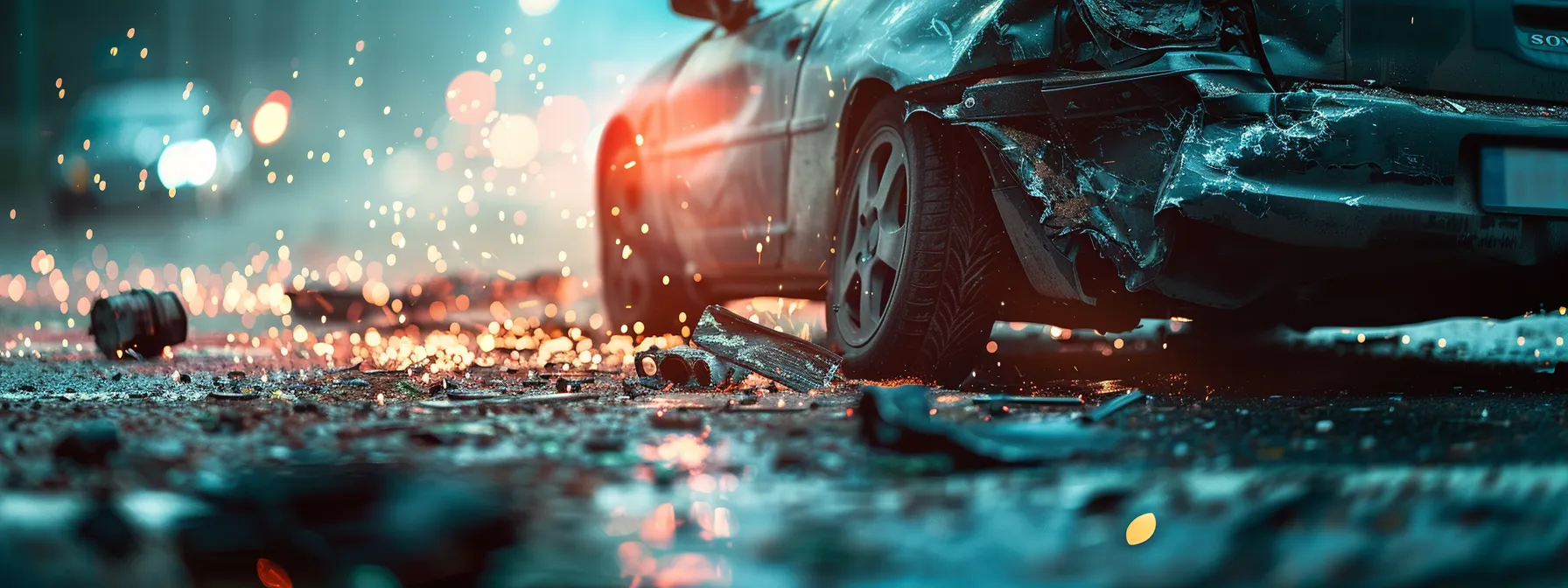 capturing crucial evidence: a camera focused on a damaged car and scattered debris at an accident scene.