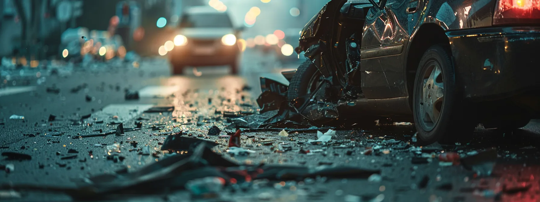 a car accident scene with debris scattered on the road, highlighting the aftermath of a dui incident.