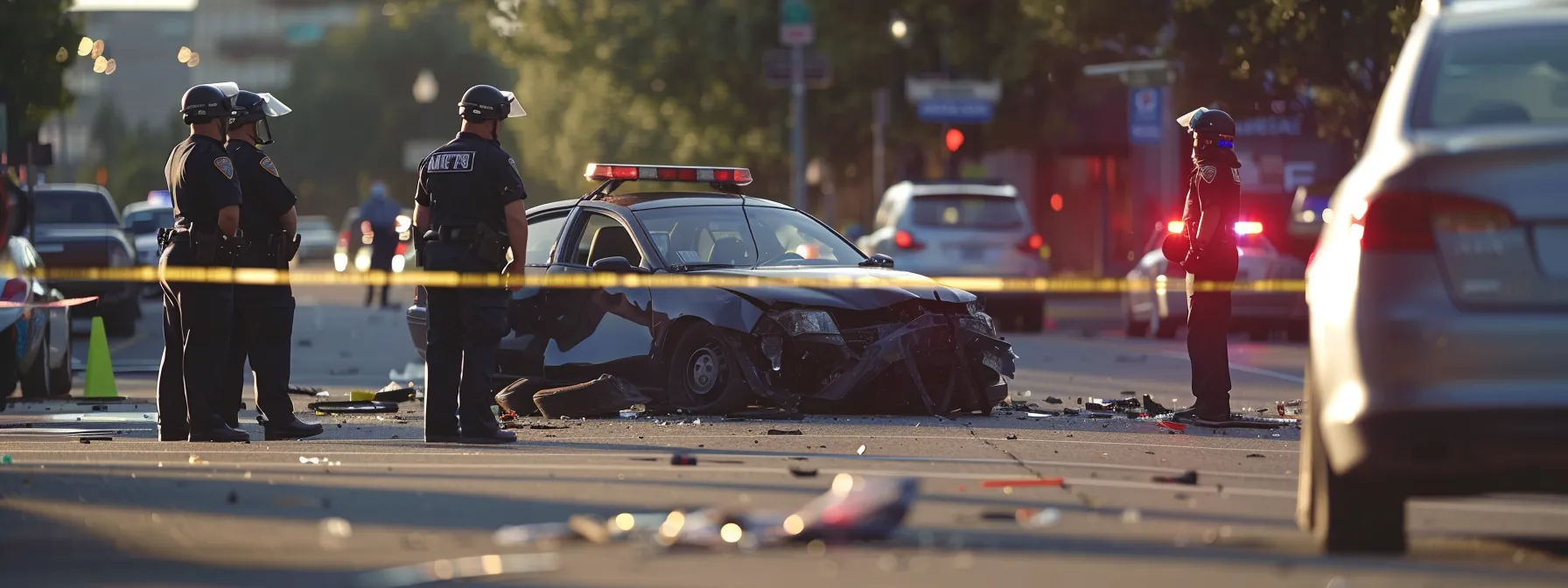 a car accident scene with police officers taking notes and assessing the damages while surrounded by concerned bystanders.