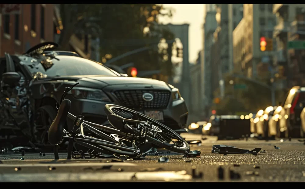 a car accident scene with uber driver's vehicle and a damaged bicycle, highlighting the aftermath of negligence and liability.