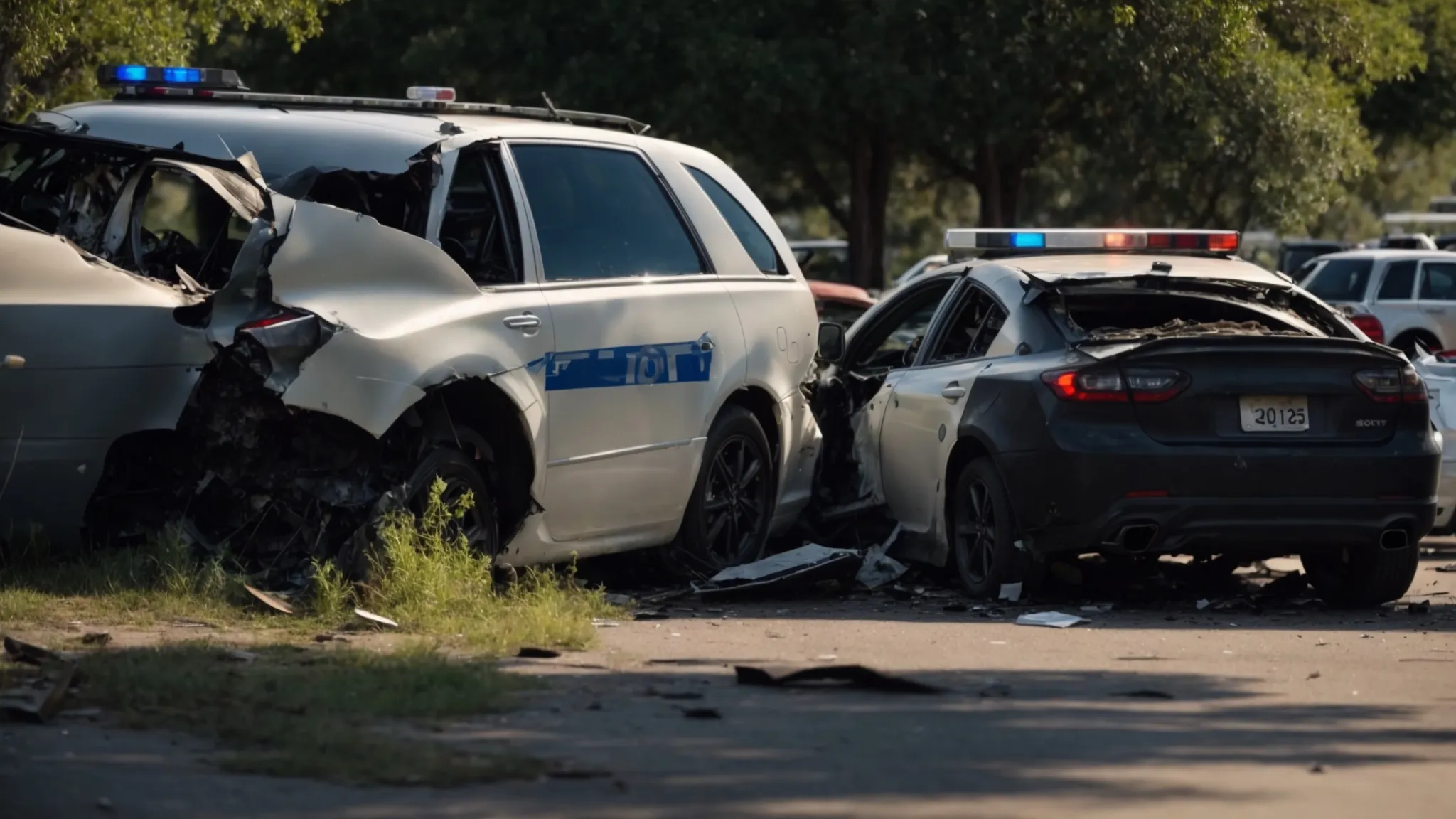 a car crash scene with a damaged vehicle, police cars, and witnesses, showcasing the chaos and aftermath of determining fault in texas car accidents.