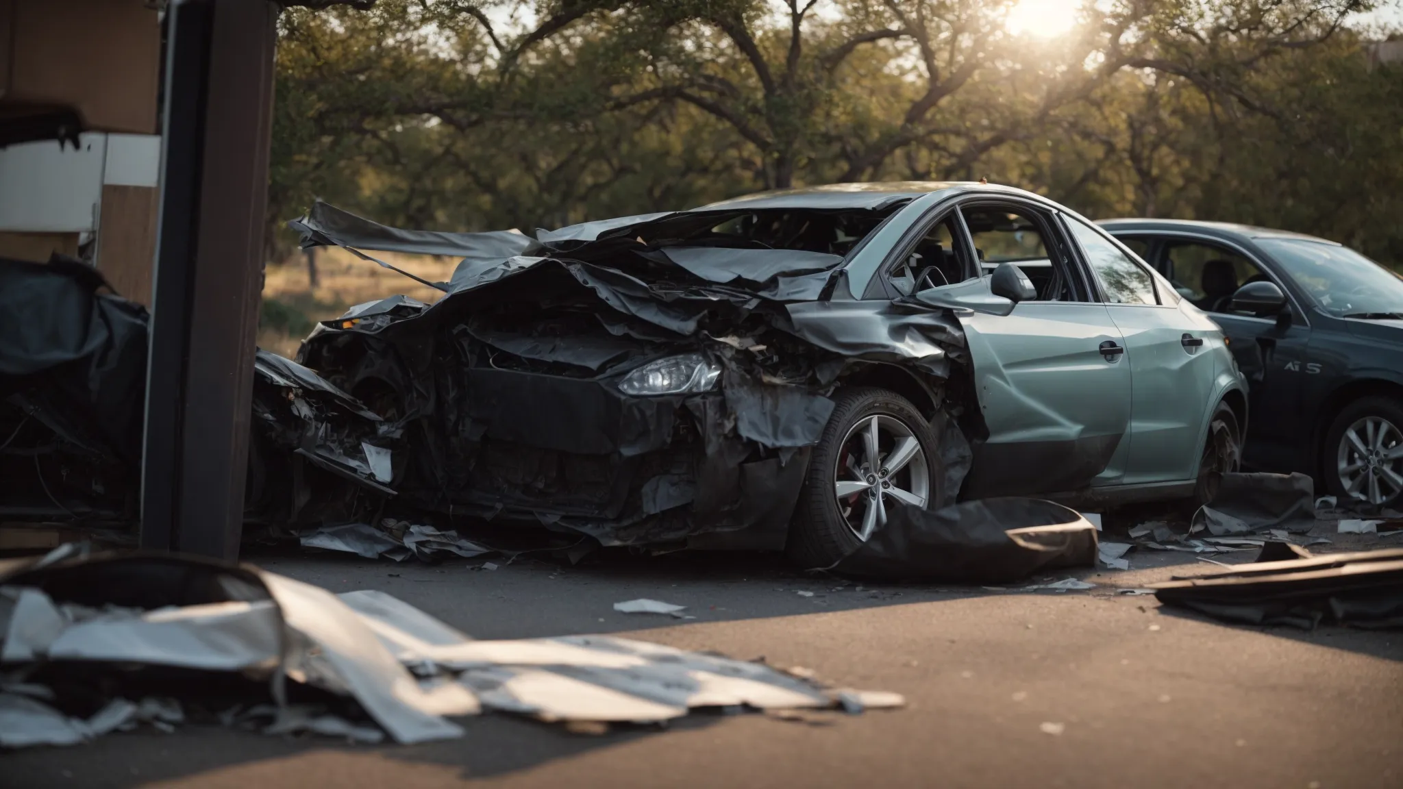 a car crash scene with visible police reports, witness testimonies, and thorough evidence collection on display, highlighting the process of determining fault and liability in texas car accidents.