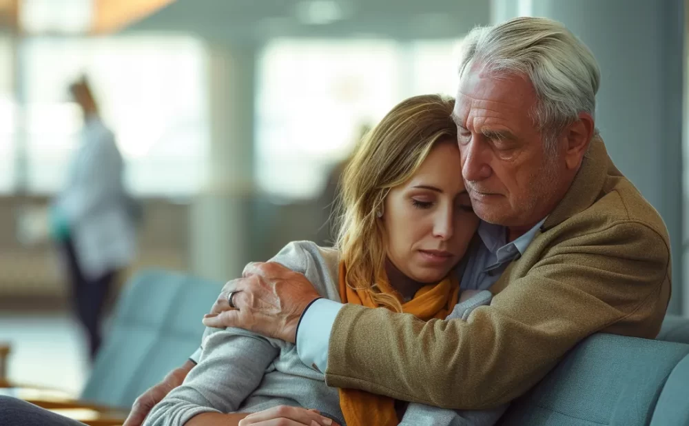 a compassionate lawyer comforting a distressed accident victim in a hospital waiting room.