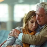 a compassionate lawyer comforting a distressed accident victim in a hospital waiting room.