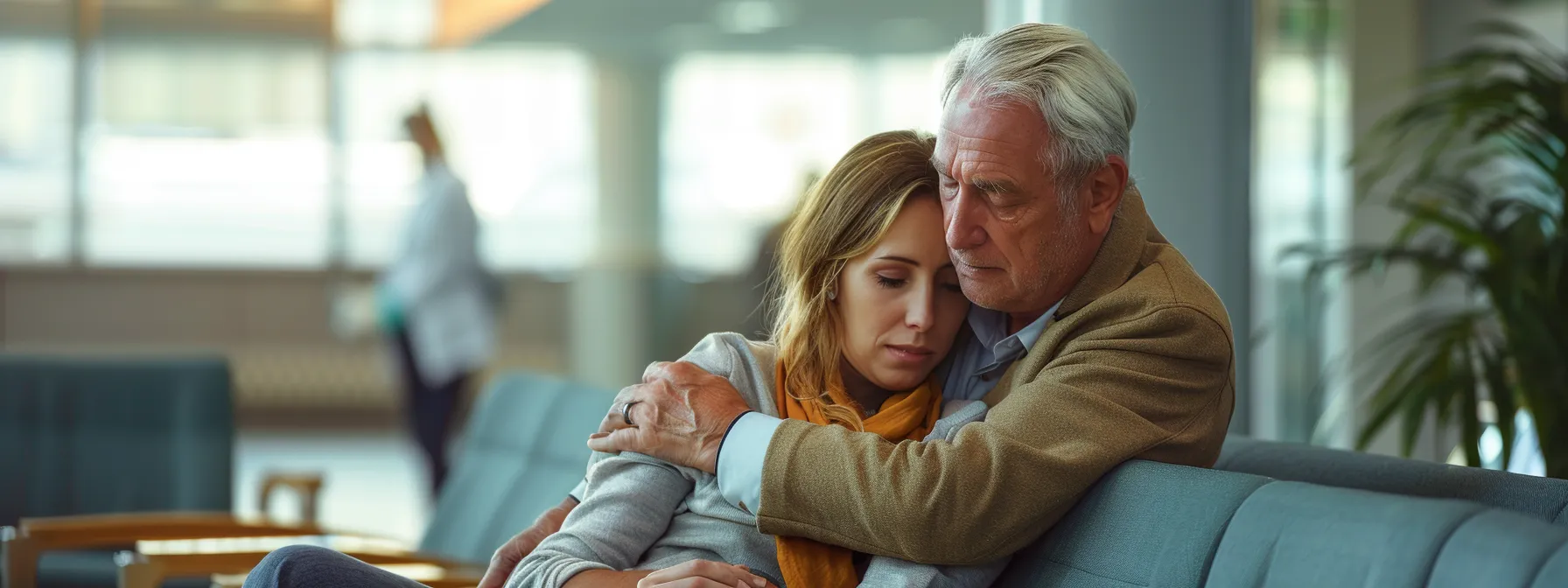 a compassionate lawyer comforting a distressed accident victim in a hospital waiting room.