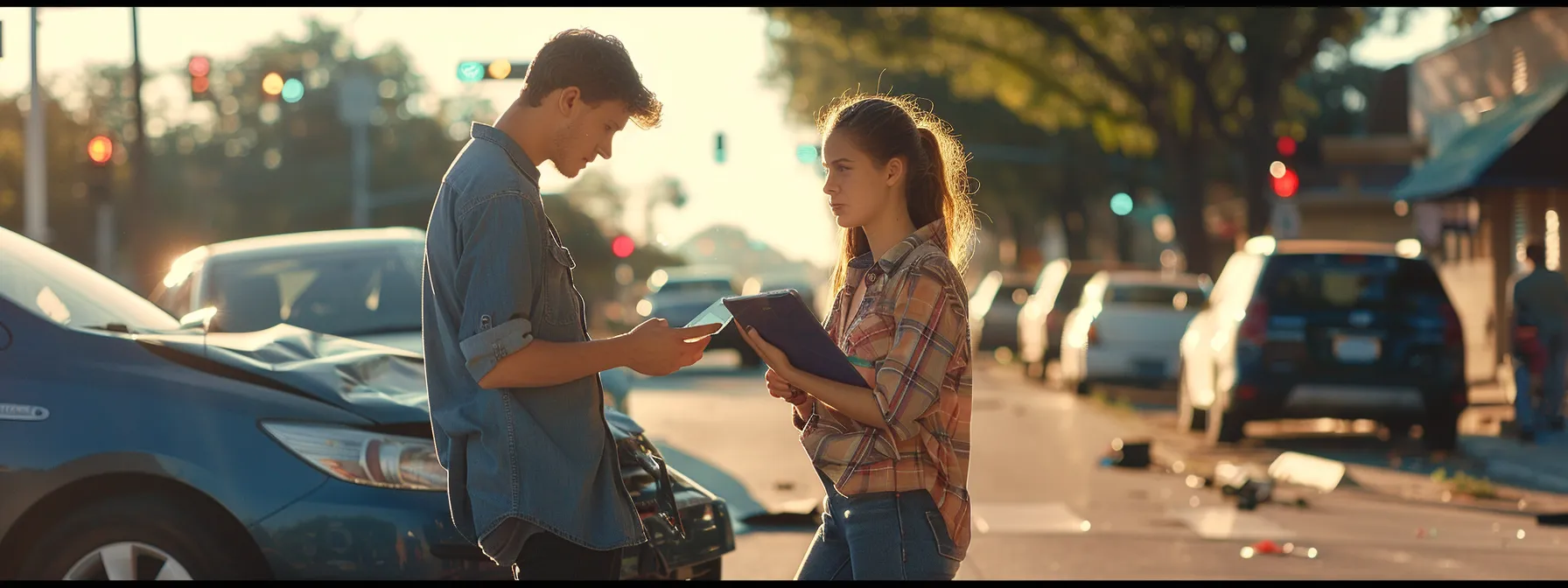 a concerned driver exchanging insurance details with a shaken individual at the scene of a car accident in texas.