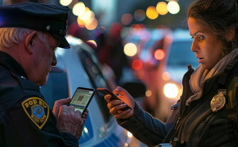 a concerned passenger holding a smartphone and talking to a police officer at the scene of a ride-share accident in new york city.