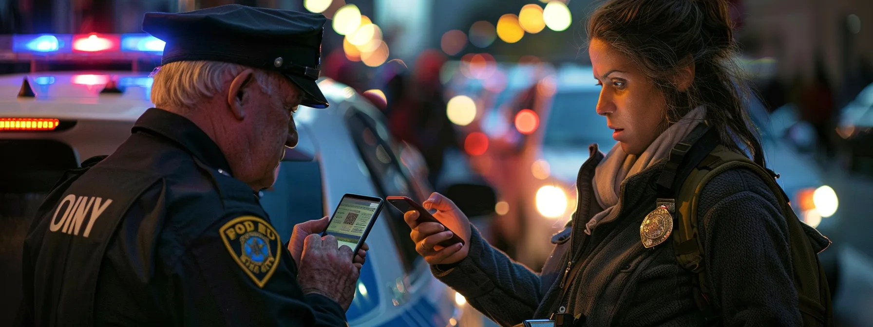 a concerned passenger holding a smartphone and talking to a police officer at the scene of a ride-share accident in new york city.